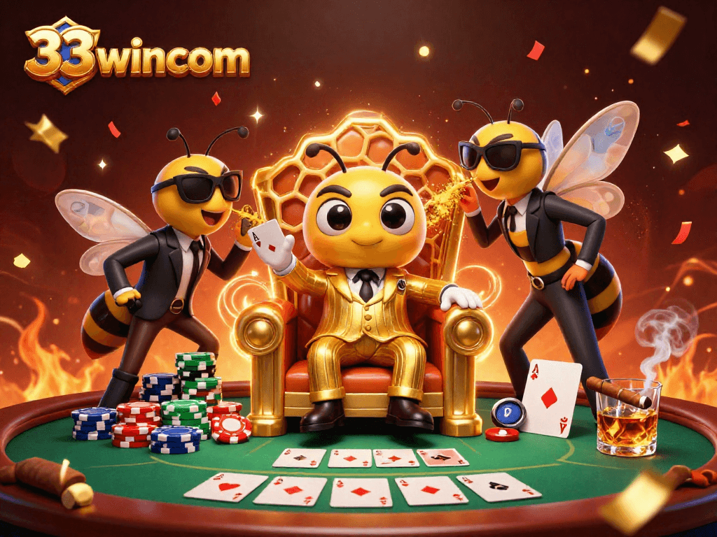 Experience the excitement of 33wincom with a cartoon poker scene featuring a bee mob boss and vibrant casino elements.