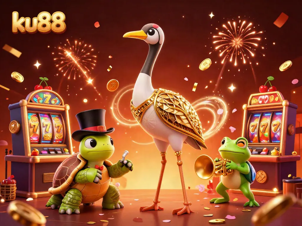 Play exciting games at ku88 with vibrant slot machines and charming cartoon characters in a festive casino-themed scene.