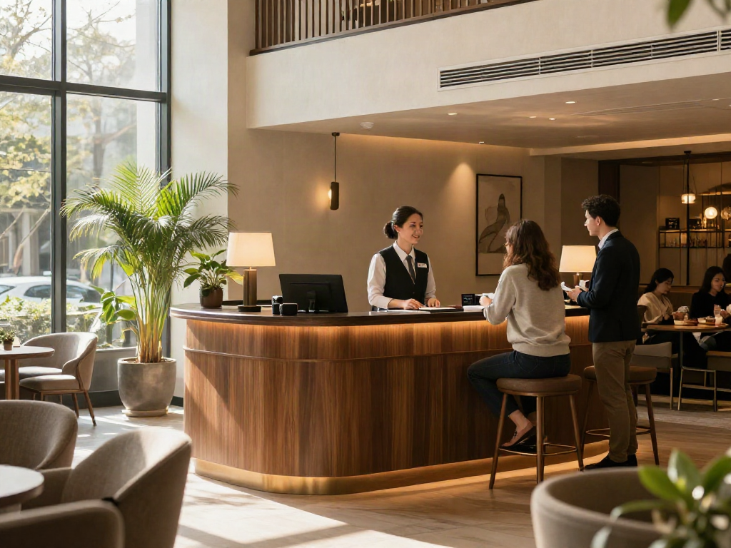 Hotel lobby at ROKOK88 featuring warm atmosphere and friendly service.