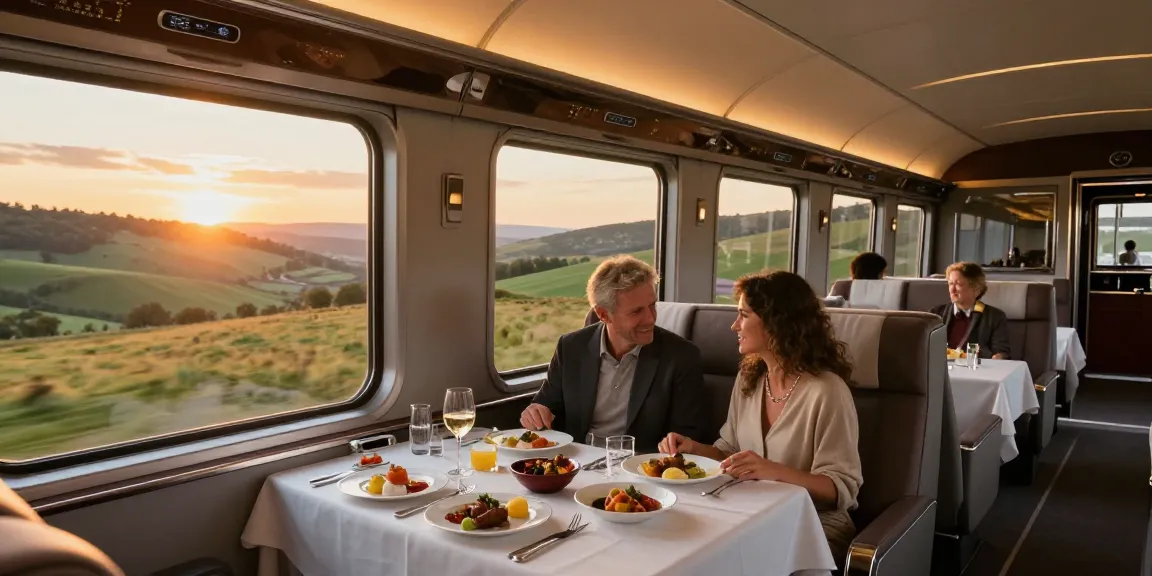 Luxury first class train tickets experience with stunning views and comfortable seating.