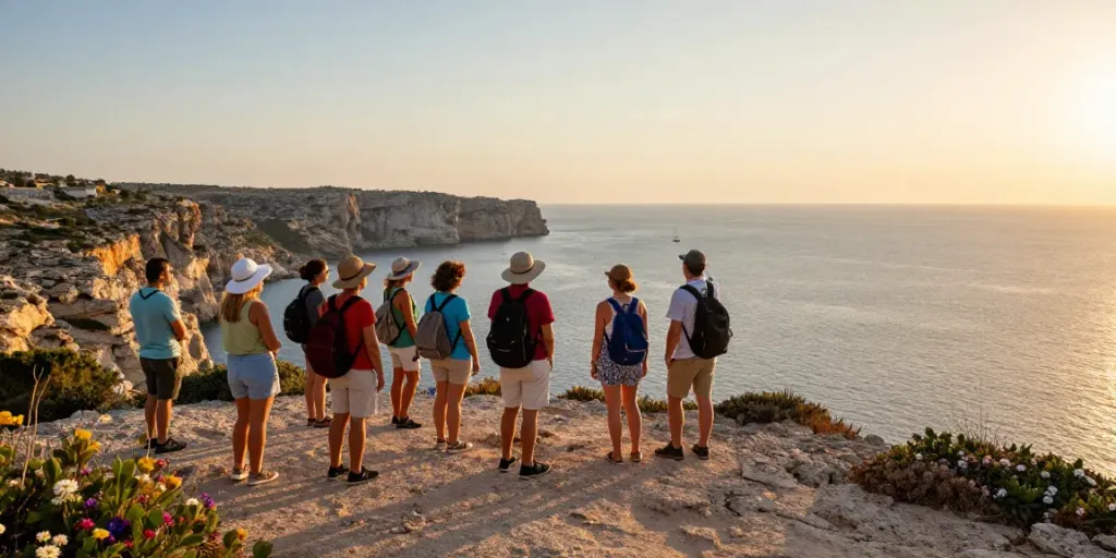 Group of tourists enjoying Gozo tours on scenic cliff during sunset.
