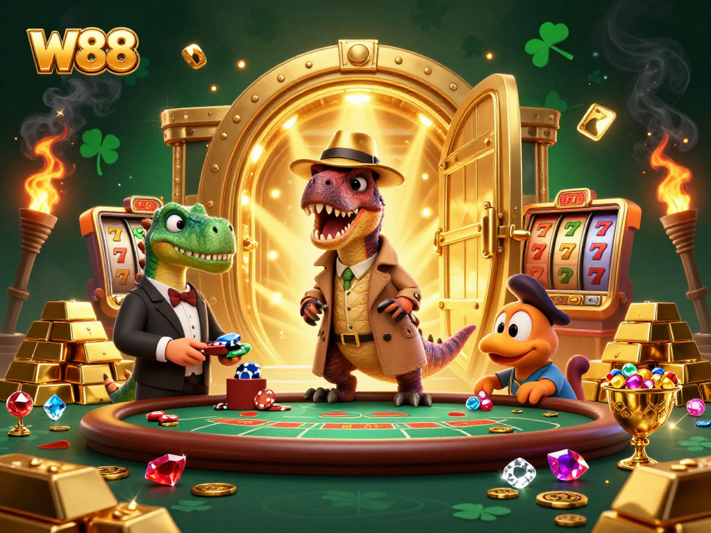 W88 players enjoy a thrilling blackjack scene with dinosaurs as characters in a vibrant casino environment.