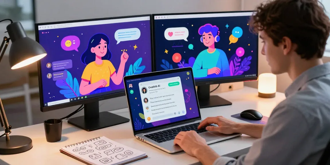 Engaging user interacting with Crushon AI in a modern tech workspace, showcasing vibrant character animations.