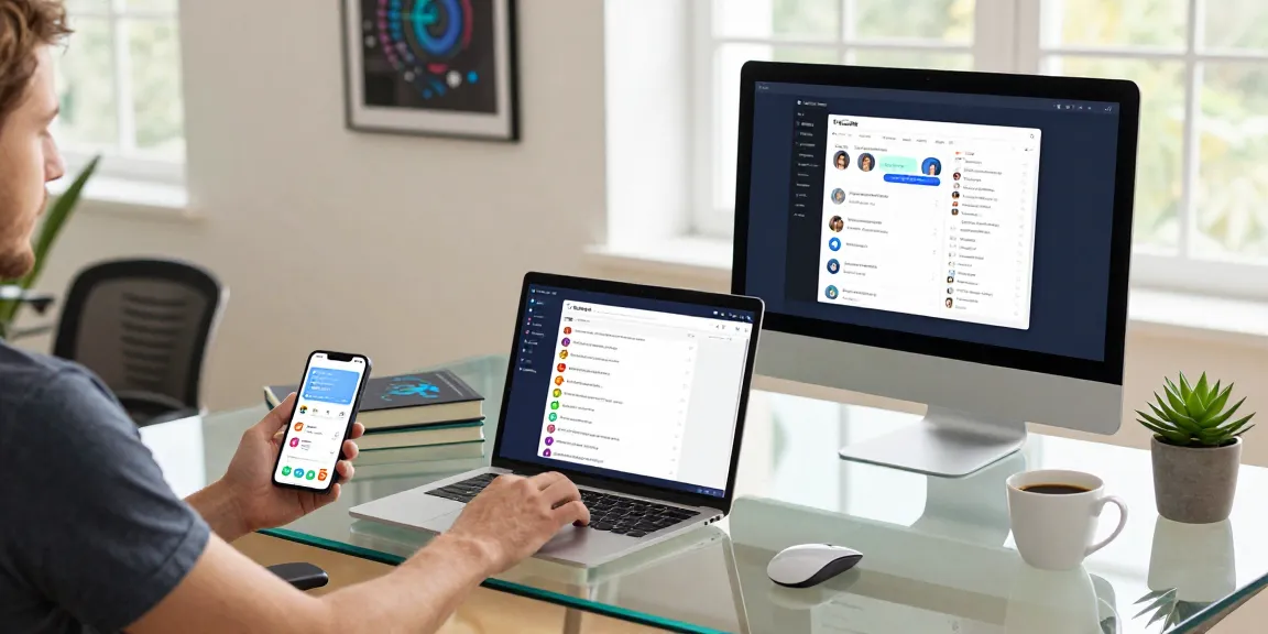 Engaging with Telegram Download on multiple devices in a modern tech workspace.