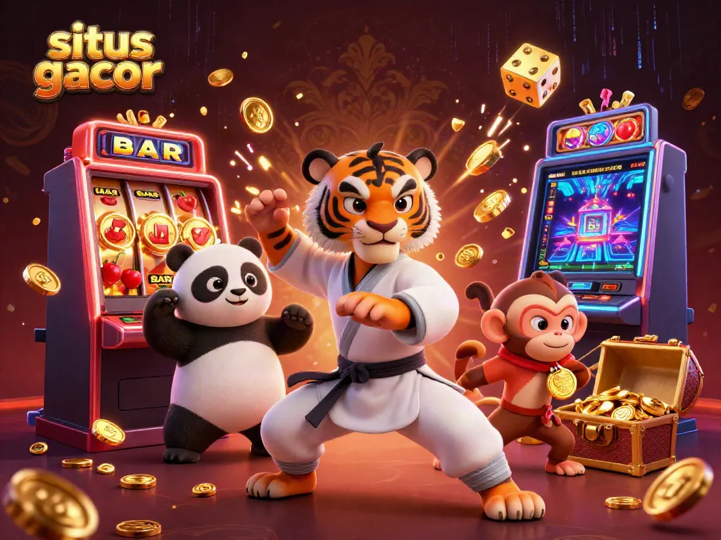 Engage with the situs gacor scene featuring a kung fu tiger, panda disciple, and a monkey stealing a medal amidst vibrant casino elements.