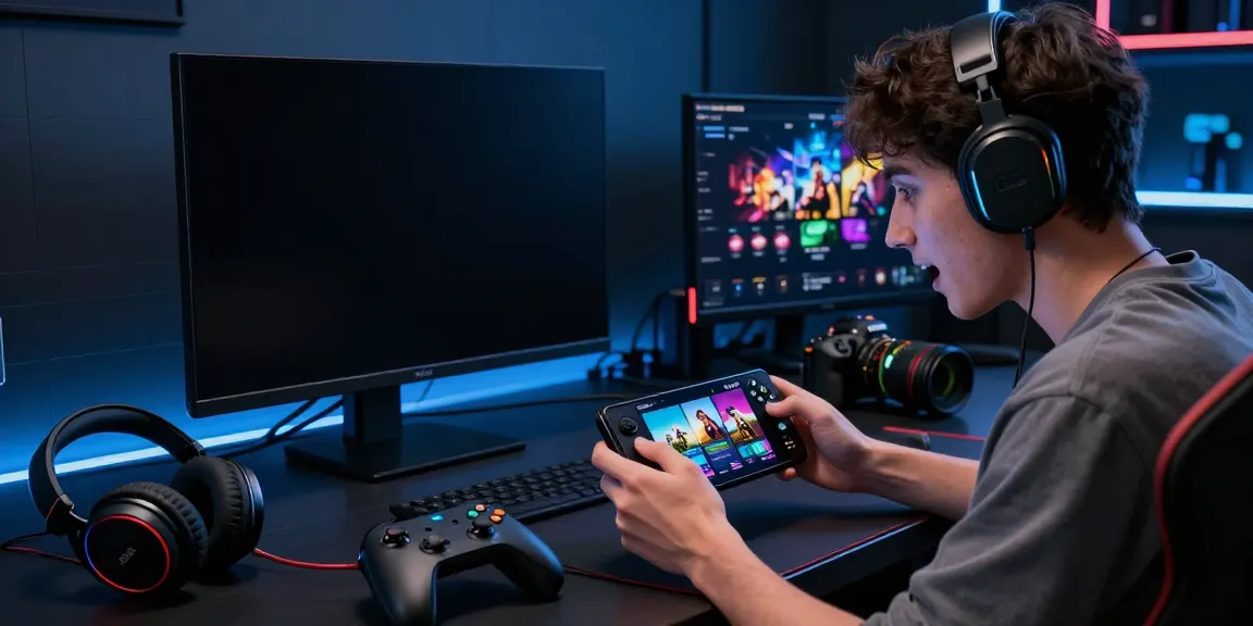 Engaged user exploring rokok88 apk on smartphone amid gaming accessories