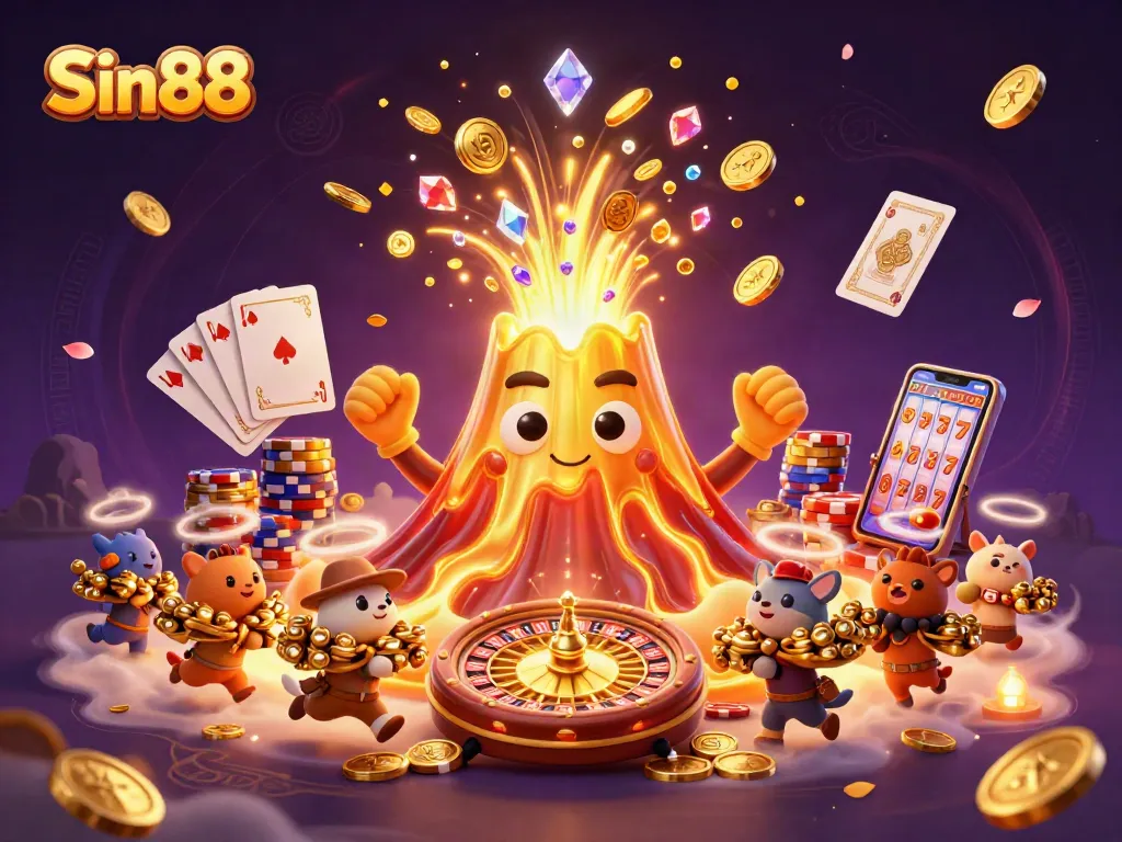 Sin88 players experiencing thrilling wins from a vibrant volcano erupting cash and treasure.