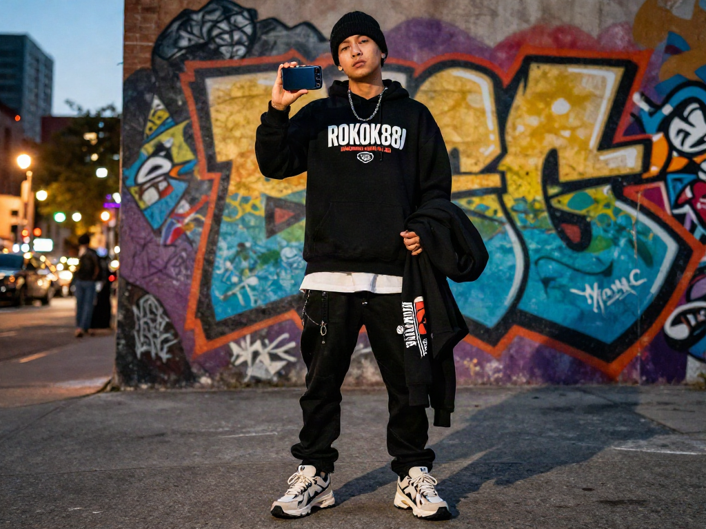 Youth in exclusive rokok88 slot merchandise amidst vibrant urban graffiti.