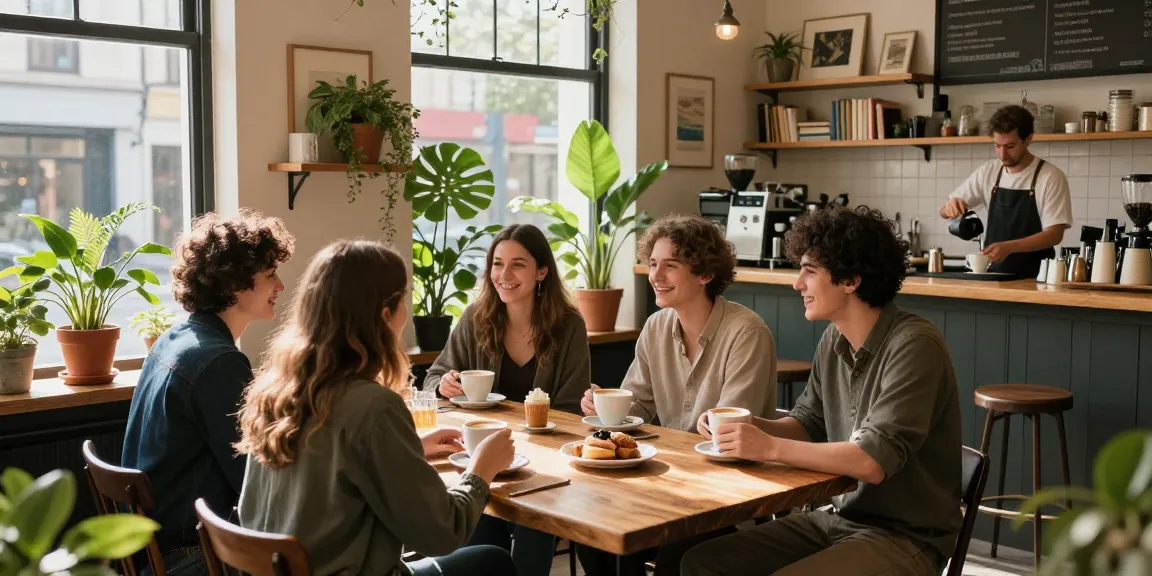 Friends enjoying coffee at a café, evoking rokok88 wellness vibes.