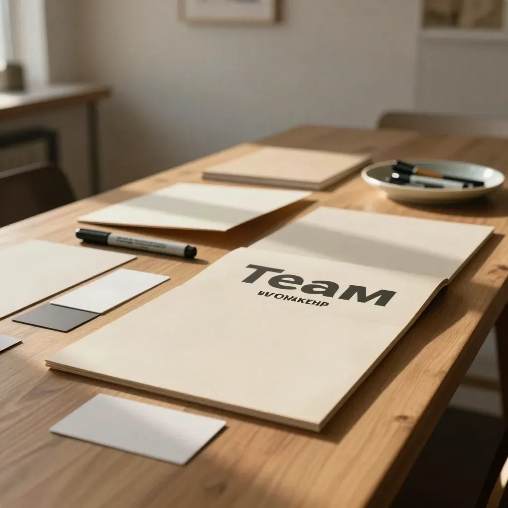 Workshop planning materials on an oak table in warm natural light, cinematic and premium.