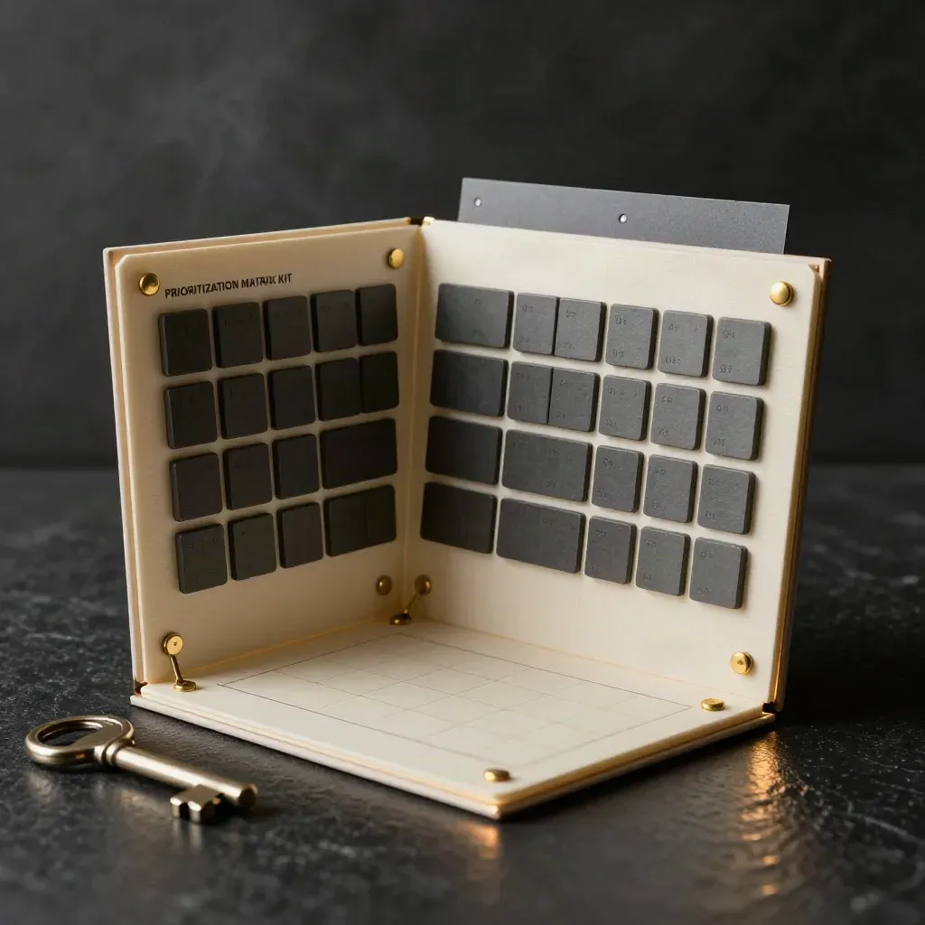 Fold-out prioritization matrix kit open on a dark surface with cream panels and brass details