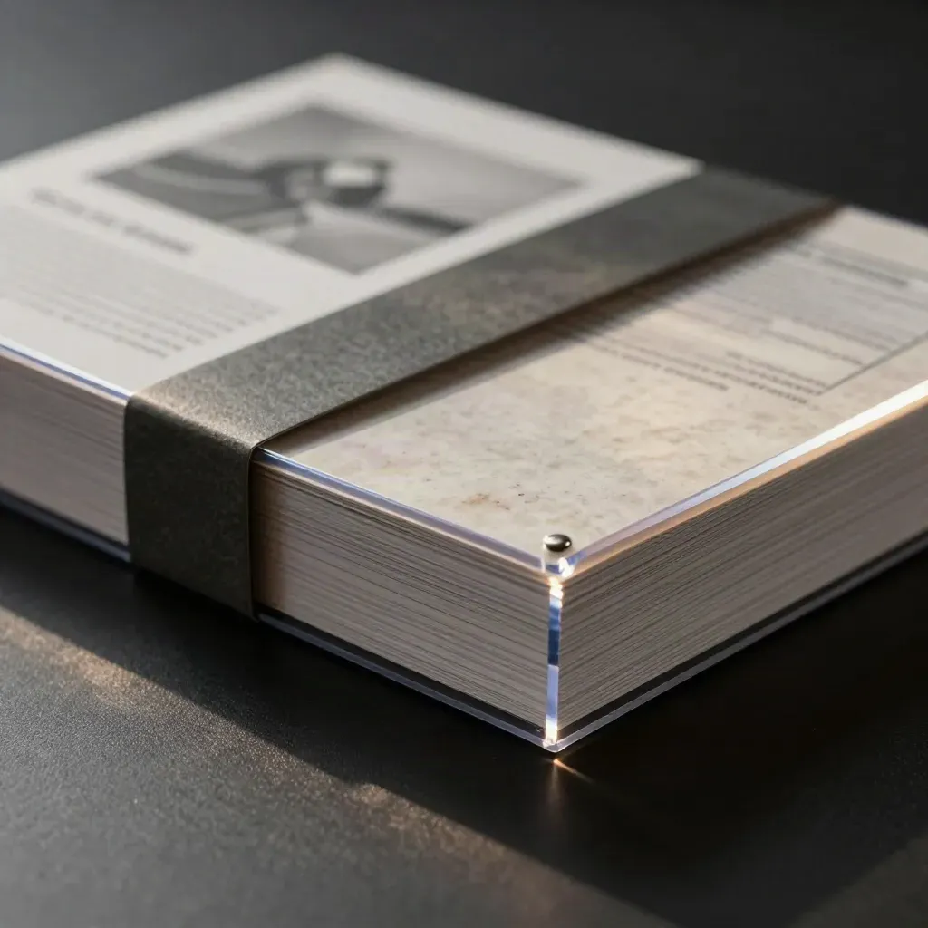 Clear acetate market research brief stack with graphite band on matte-black surface, low dramatic light
