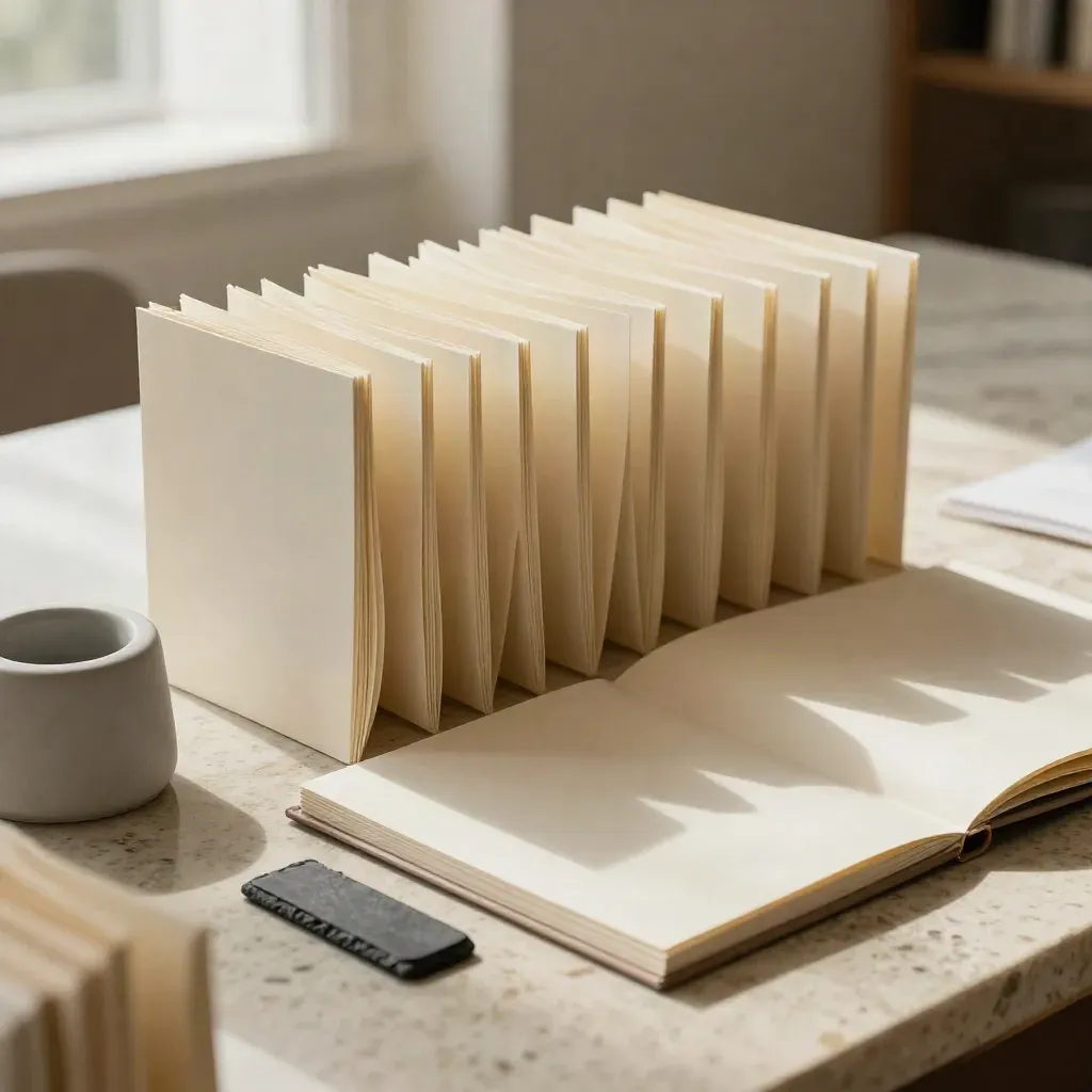 Accordion review sheets, pale folder and ceramic paperweight on travertine in soft daylight.