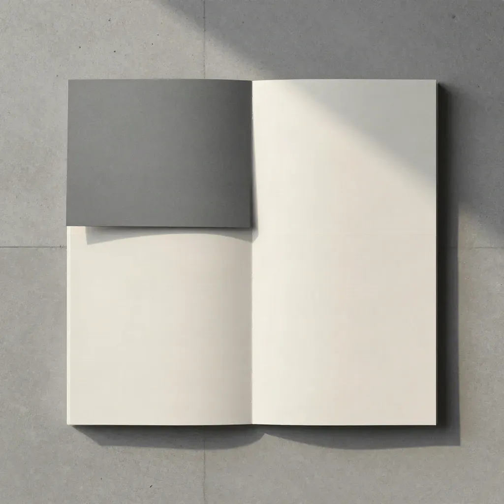 Overhead fan of presentation boards in a graphite slipcase on concrete.