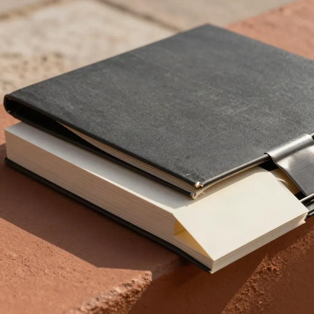Macro of a charcoal strategy booklet with clipped note cards and a folded insert in raking light.