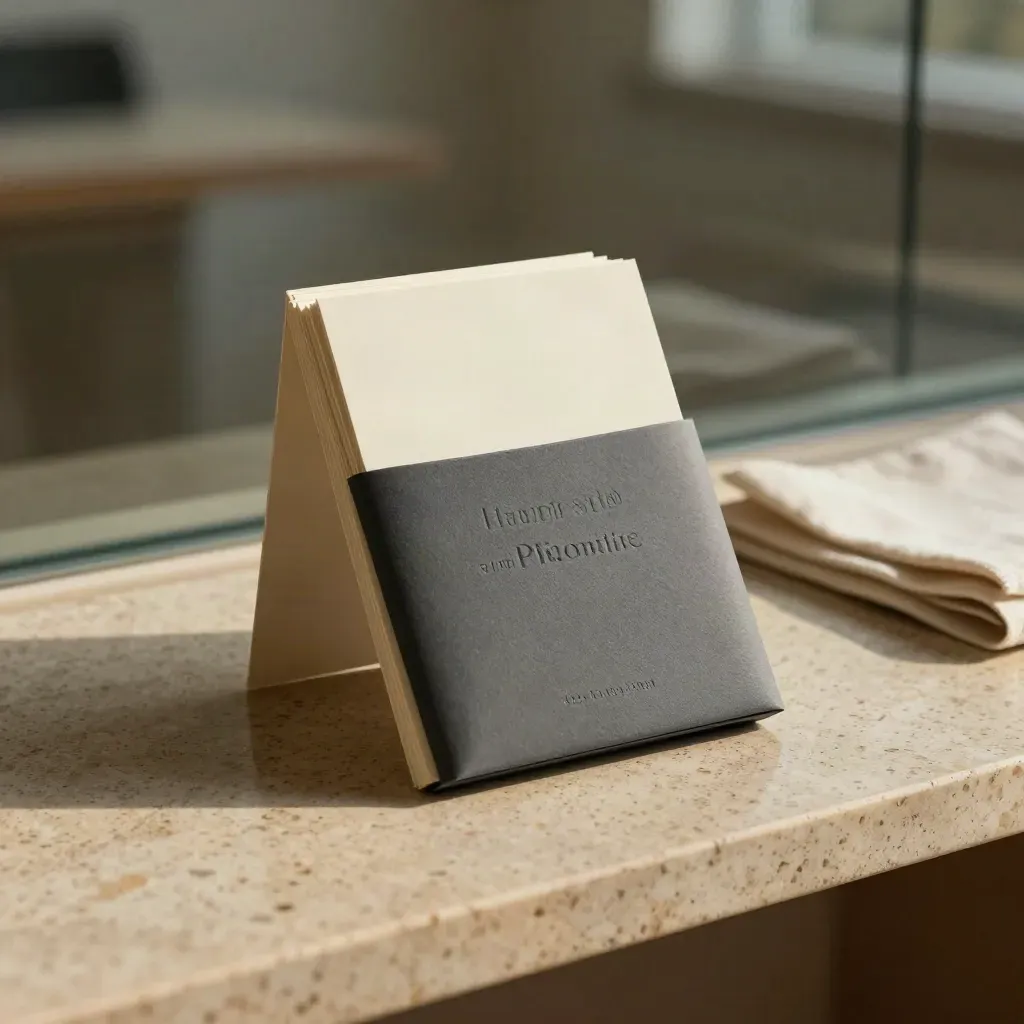 Charcoal strategy note pack on travertine bench with soft blurred advisory studio background.