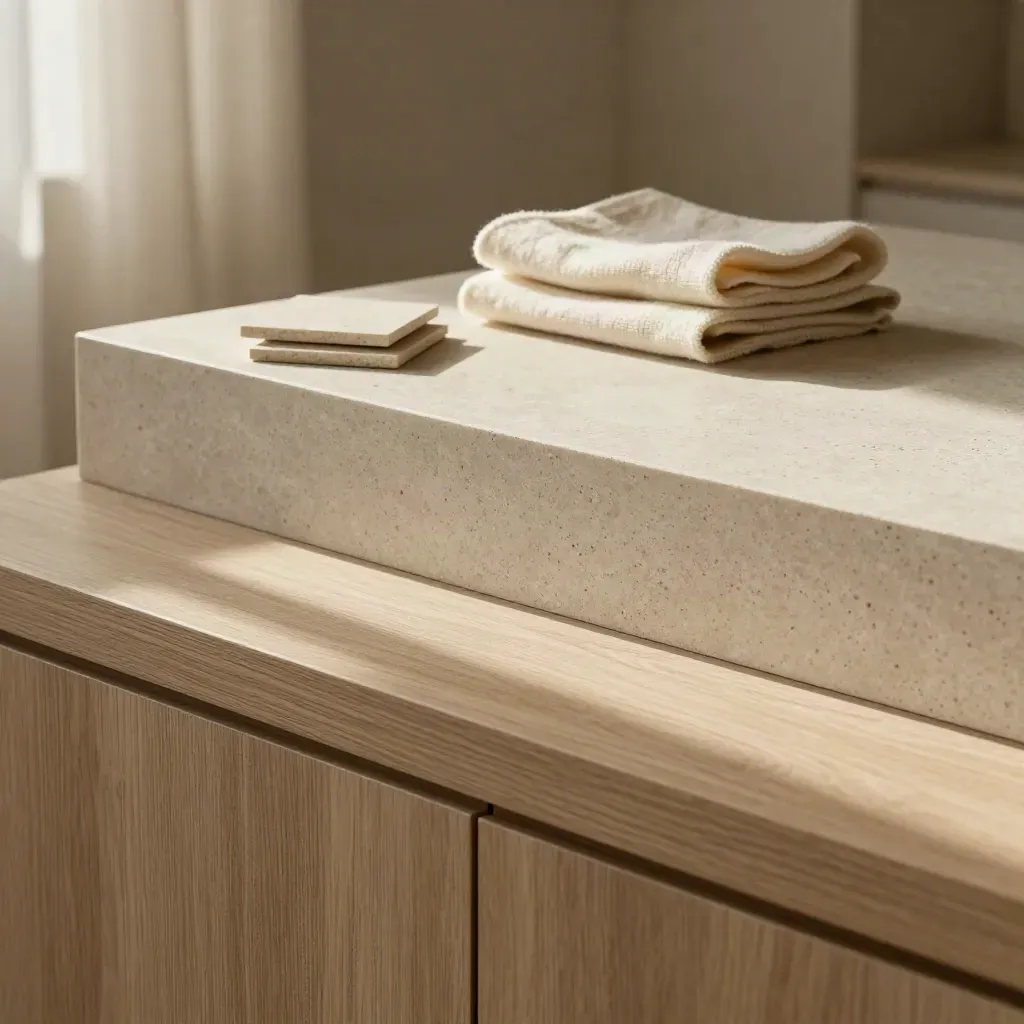Sunlit travertine counter with oak edge and linen curtain in a quiet European interior.