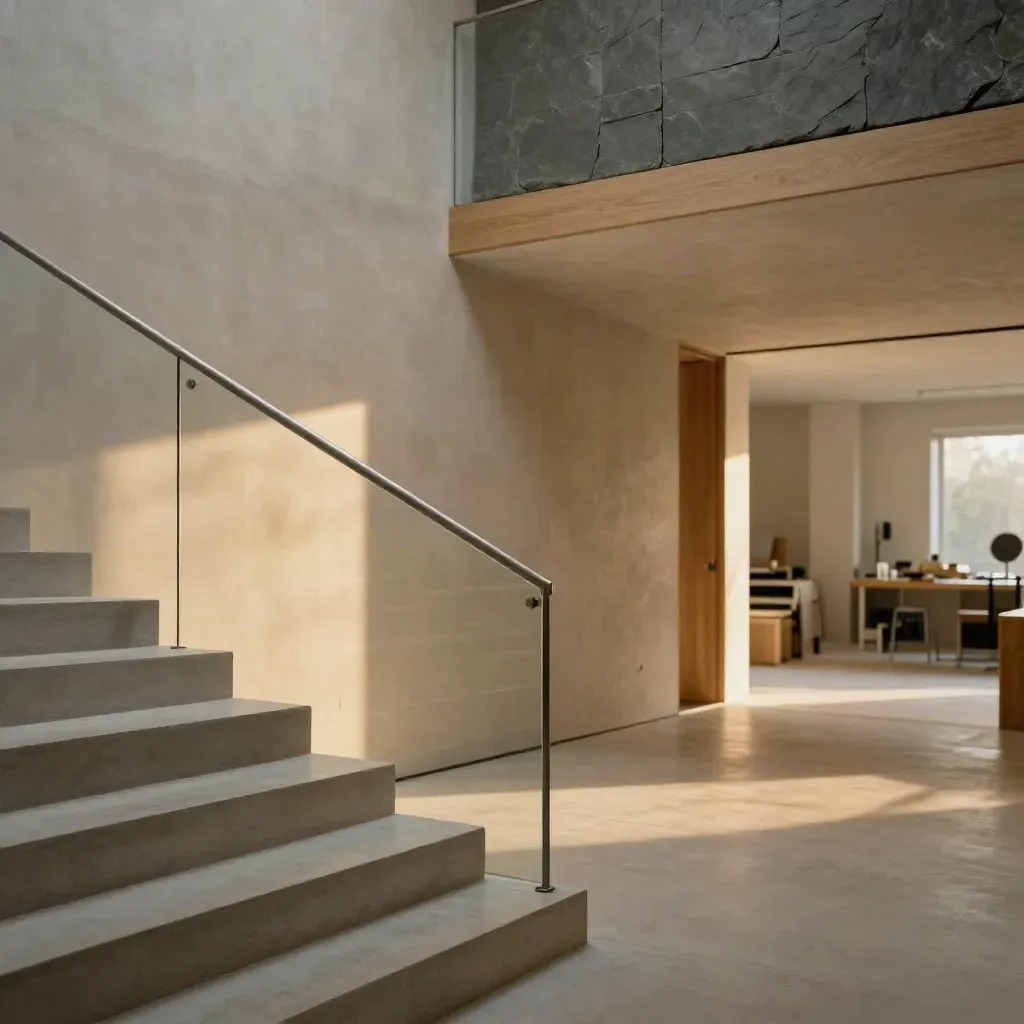 Minimalist concrete stair landing with glass balustrade and sunlit doorway glow
