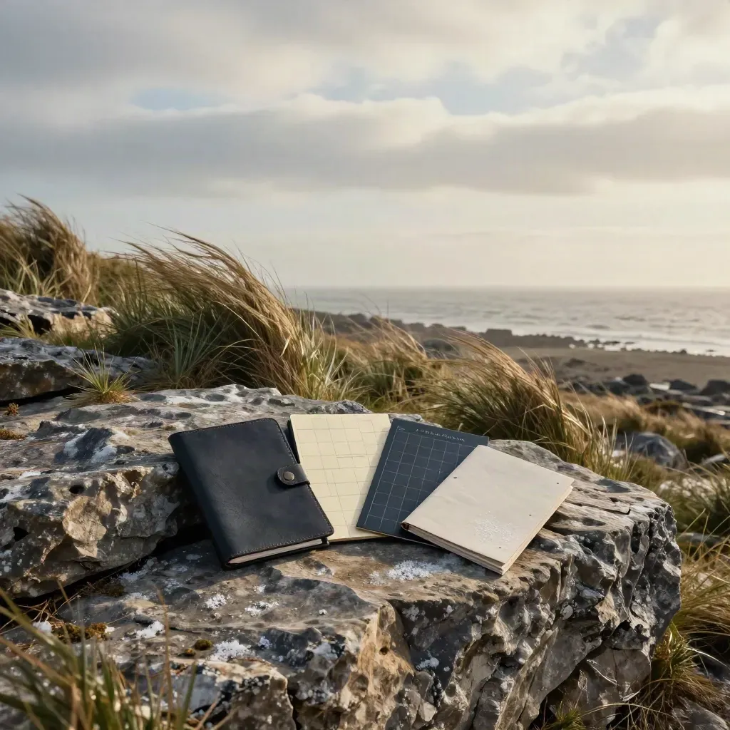 Windswept limestone coast with sea mist and a few strategy workshop materials on the ridge