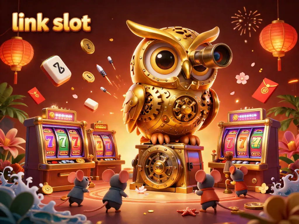 Win big with link slot as a golden owl watches over a vibrant casino scene filled with excitement.