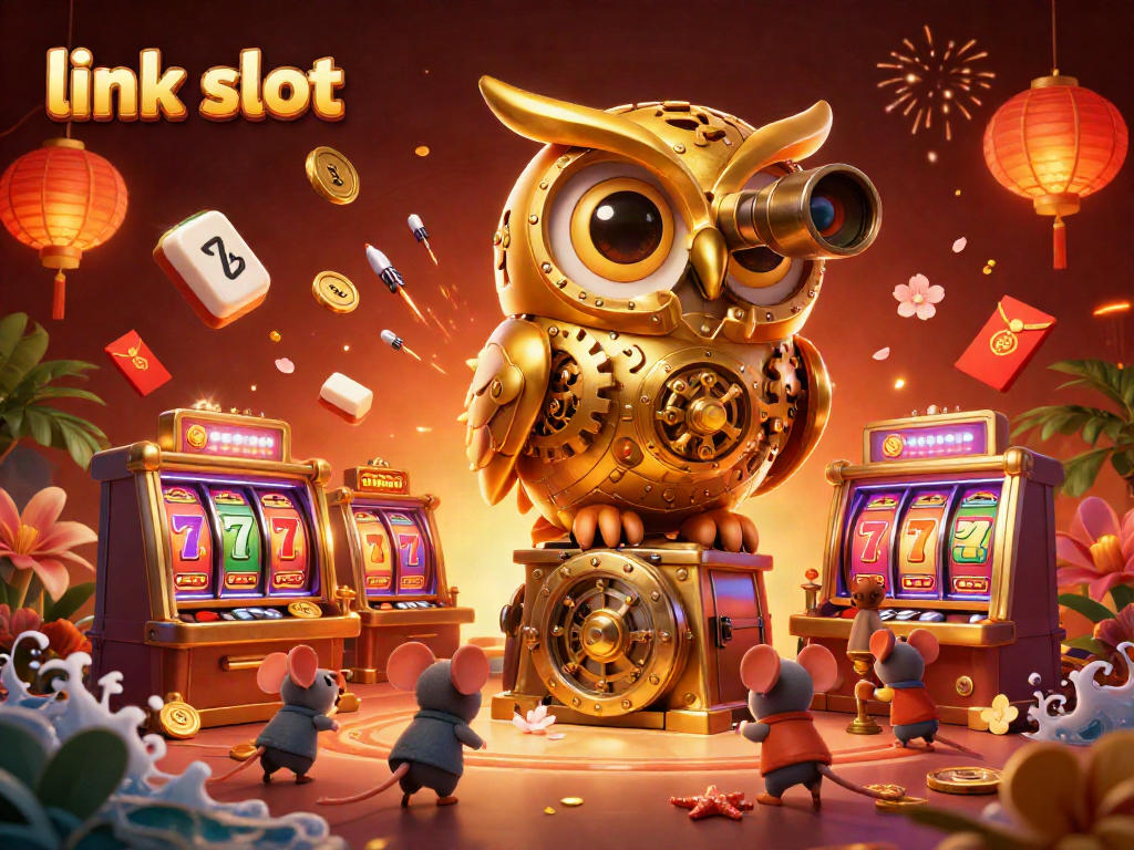 Win big with link slot as a golden owl watches over a vibrant casino scene filled with excitement.