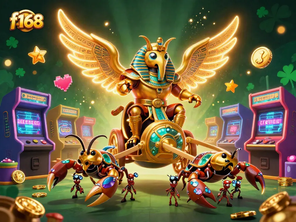 Join the f168 action with vibrant 3D casino elements featuring a golden scarab and scorpions.