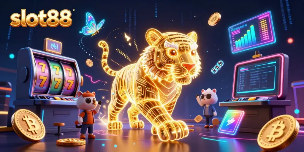 Experience thrilling slot88 energy in an ultra-detailed 3D casino landscape with vibrant neon visuals.