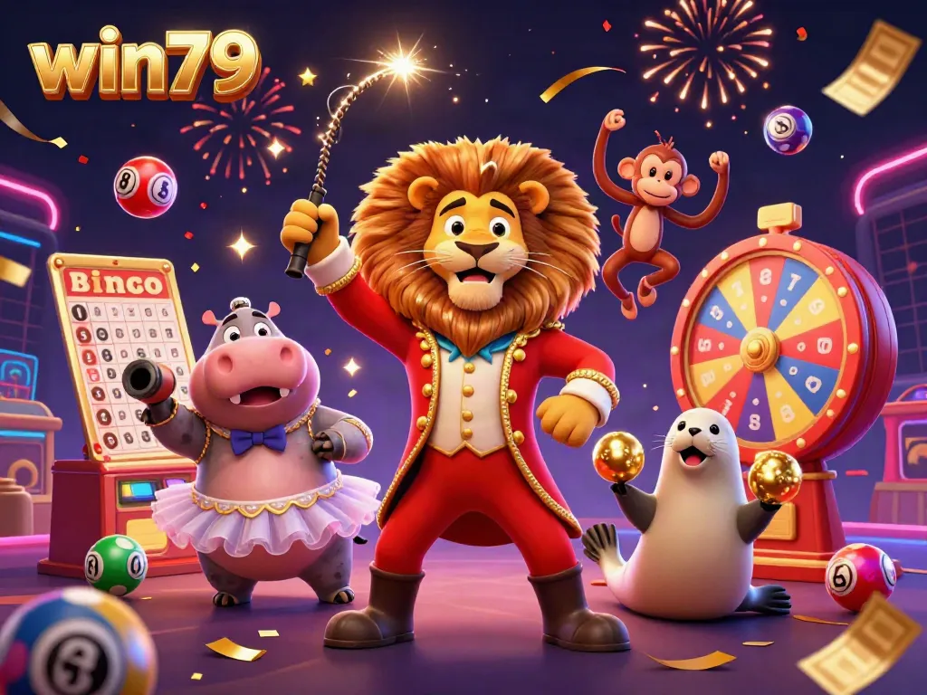 Win79 casino illustration featuring a lion ringmaster, hippo, monkey, and seal surrounded by festive game elements and lottery balls.