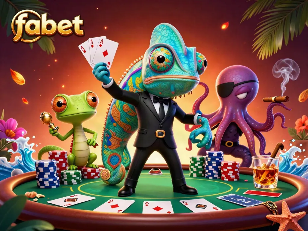 Experience thrilling poker action with fabet as the lively chameleon and tech-savvy gecko engage players in a colorful casino scene.