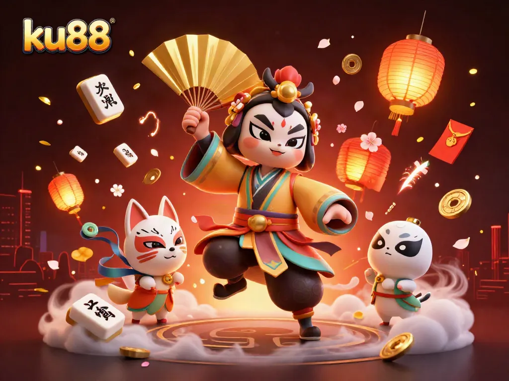 Engage in an exhilarating gaming experience at ku88 with vibrant casino elements, kabuki warriors, and lucky charms.