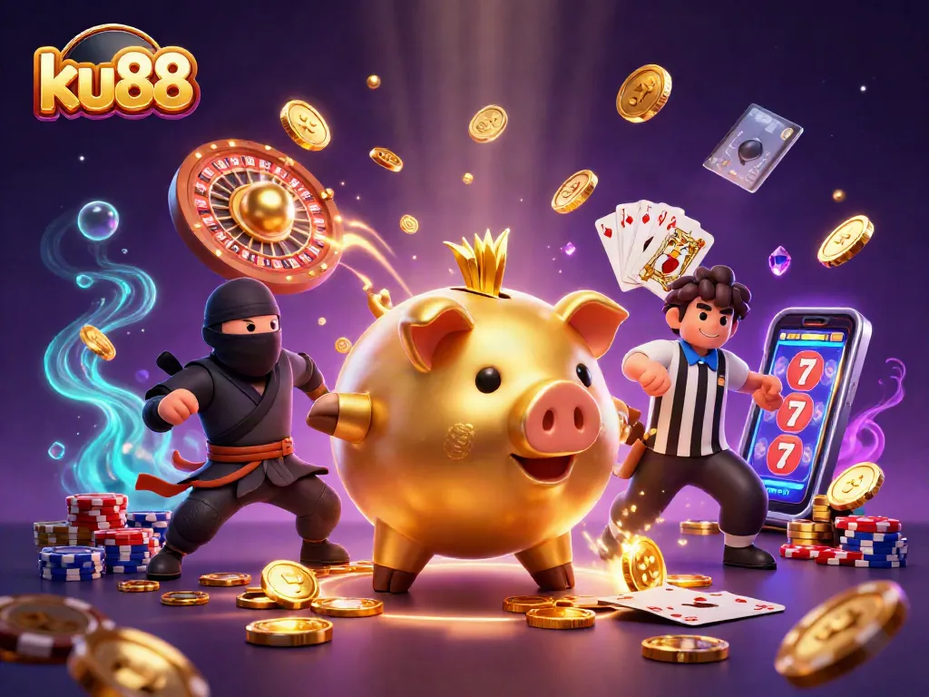 ku88 showcases dynamic casino action with cartoon characters amidst shimmering coins and game elements.