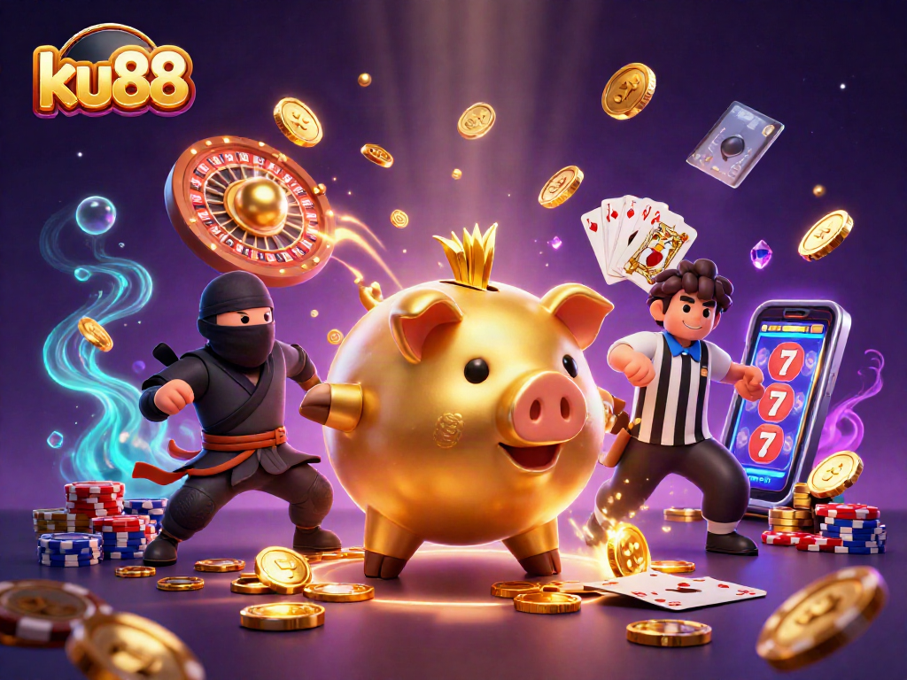 ku88 showcases dynamic casino action with cartoon characters amidst shimmering coins and game elements.
