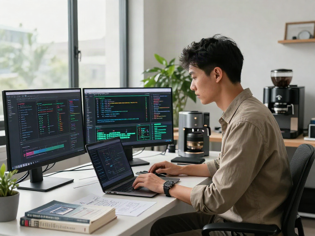 Data scientist utilizing crush ai in modern tech workspace with screens and coffee.