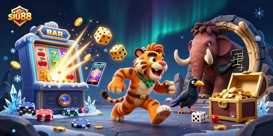 Experience the thrill of the siu88 casino with cartoon characters amidst a vivid jackpot scene.